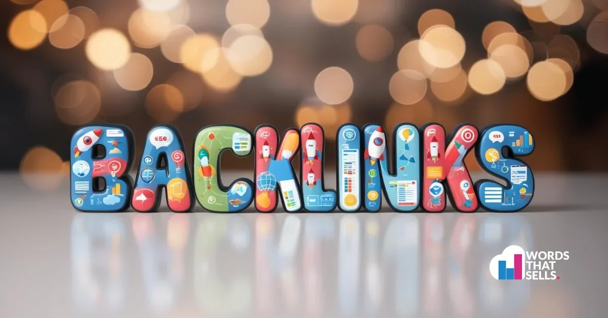 3D colorful BACKLINKS typography filled with SEO icons, illustrating link building strategy