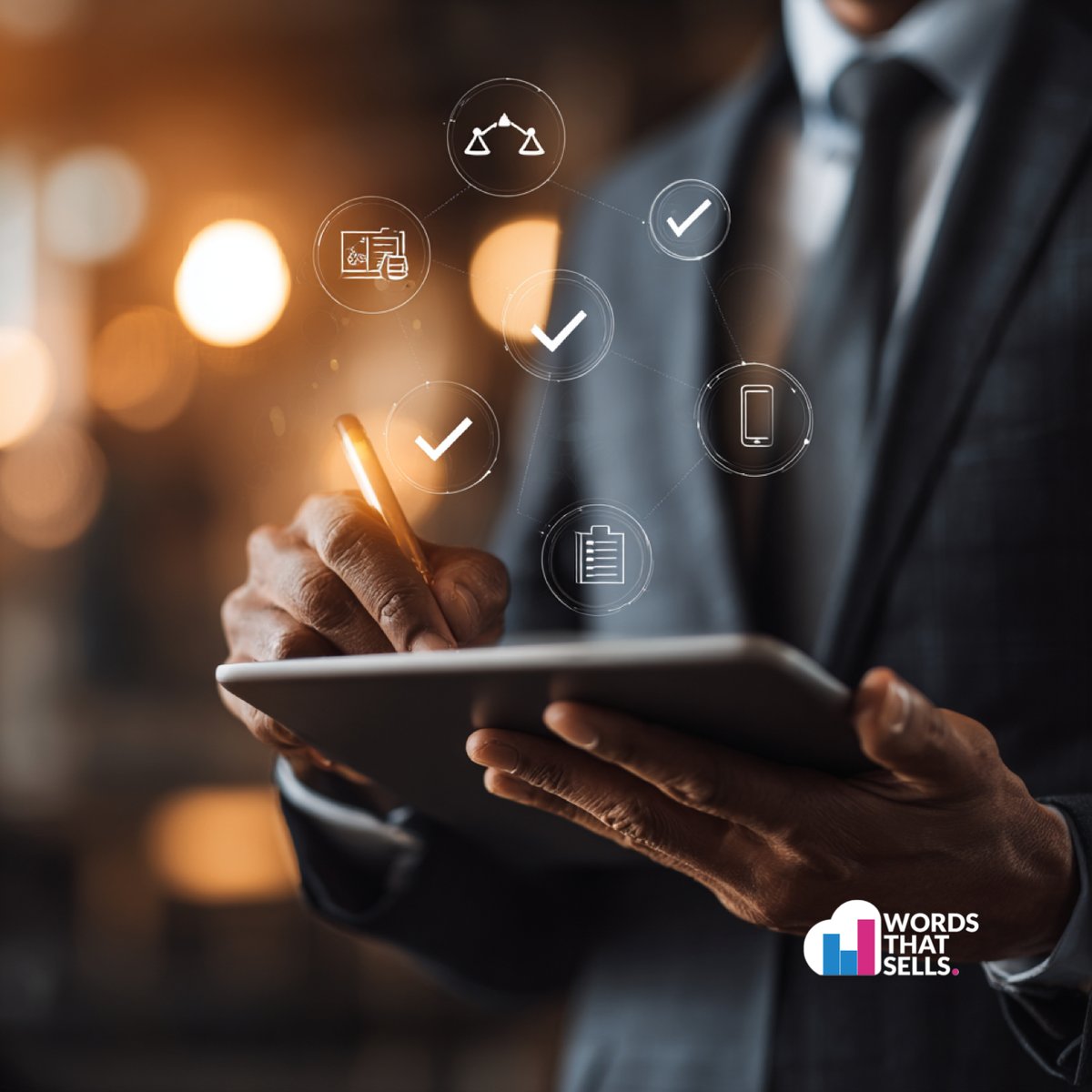 Business professional reviewing compliance checklist on tablet with AI and legal iconography in background