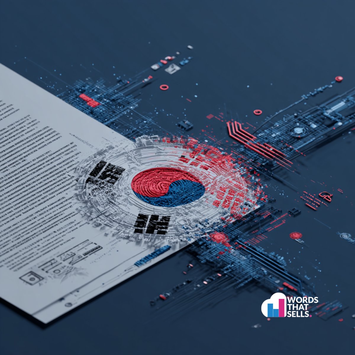 South Korean flag integrated with AI circuit patterns and legal document icons representing the intersection of technology regulation and national policy
